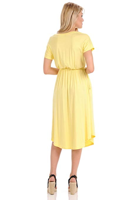 Iconic Luxe Women's Flare Midi Dress With Pockets - Short Sleeve Casual & Dressy Style