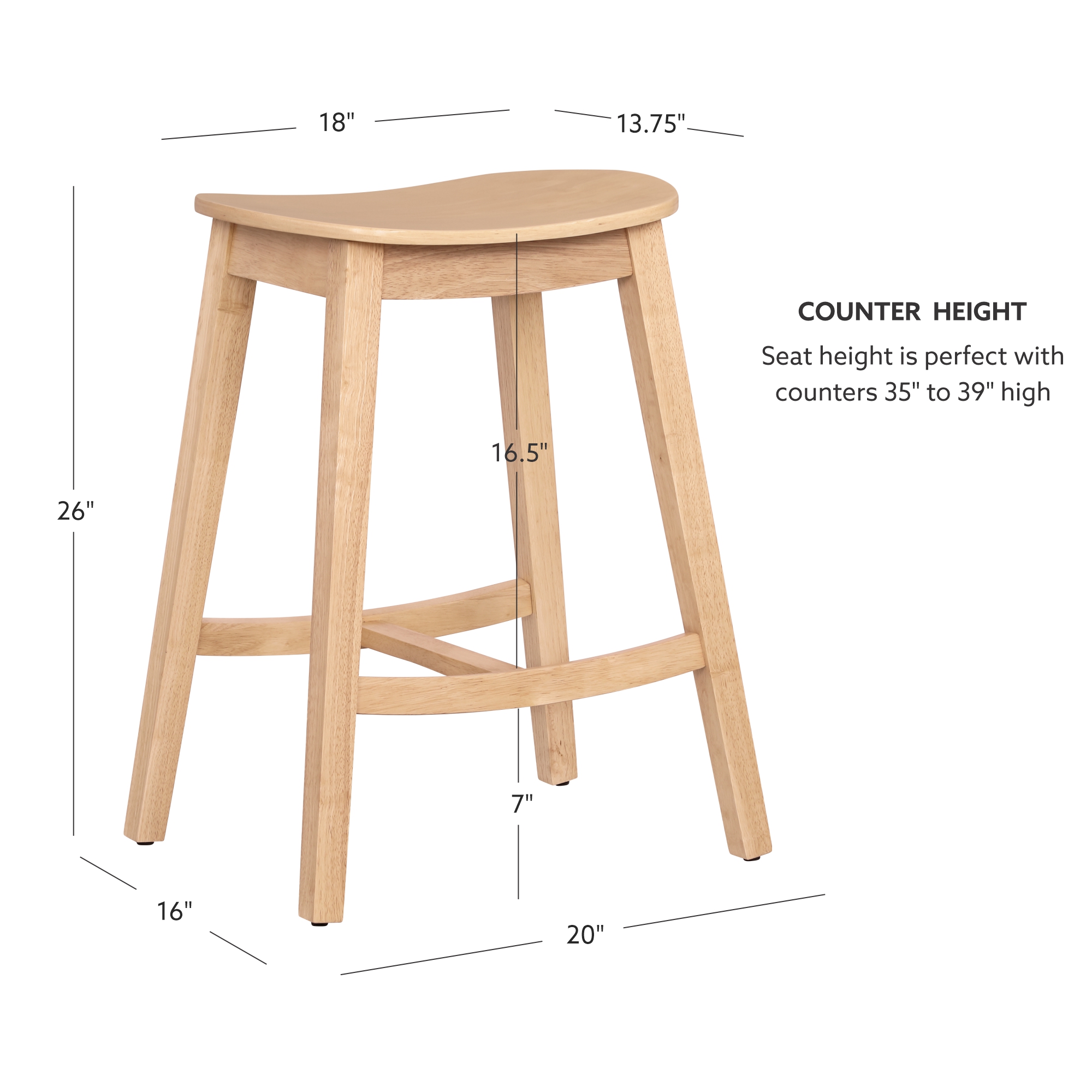Linon Condal 26" Backless Wood Saddle Counter Stool, Set of 2, Natural