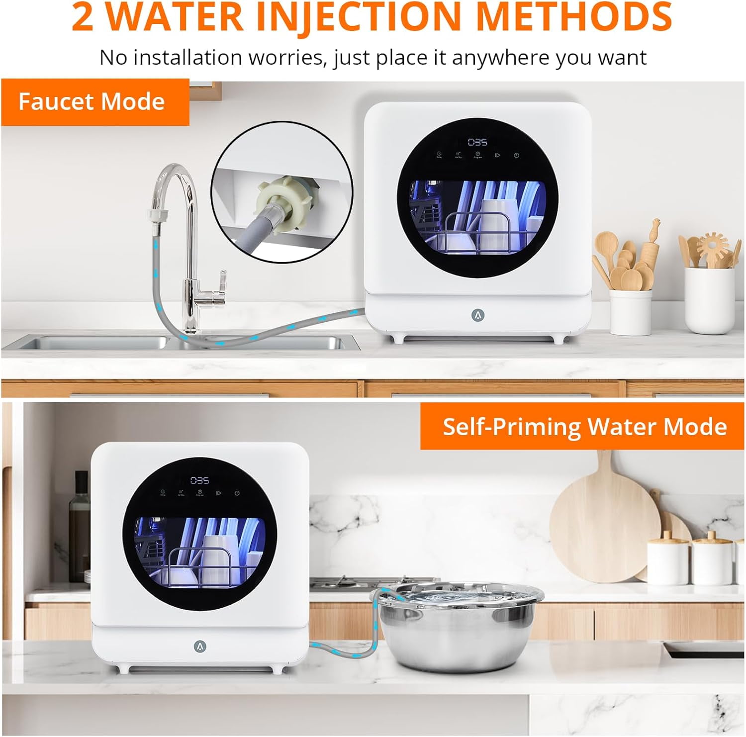 M optimized Compact Countertop Dishwasher, Double Transparent Window Portable Countertop Dishwashers with 2 Water Inlet Methods, 162℉ High Temperature and Air Drying Function Dishwasher