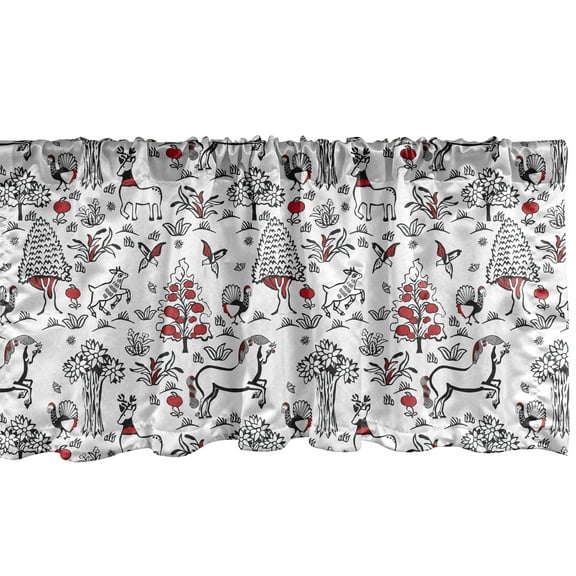 Russian Window Valance, Trees Reindeer Birds Peacock Old Slavic Forest Drawing Print, Curtain Valance for Kitchen Bedroom Decor with Rod Pocket, 54" X 12", Vermilion Charcoal Grey, by Ambesonne
