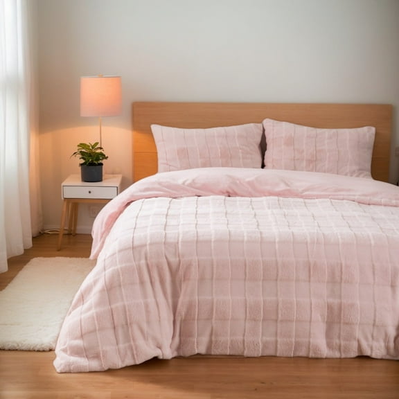 Soft Faux Fur Duvet Cover Set – Cream Plaid / Light Blue / Blush Pink | 3-Piece Bedding Set (1 Duvet Cover 2 Pillow Shams) | Cozy Plush Microfiber Polyester, Warm, Breathable, and Machine Washable