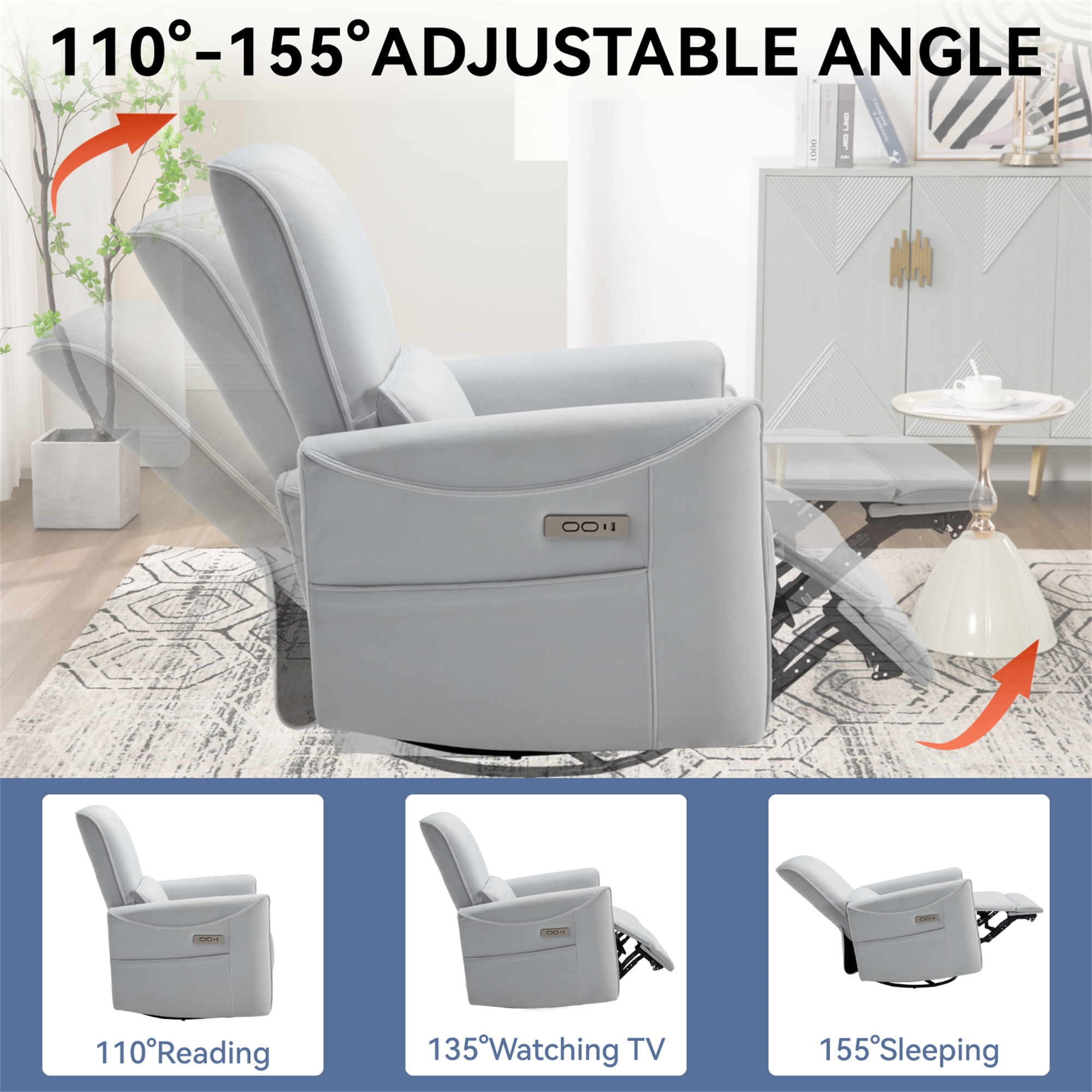 Aukfa Fabric Power Recliner Swivel Glider for Nursery with USB Charge Lumbar Support, Beige