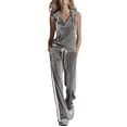 thumbnail image 2 of KIHOUT Women's 2 Piece Velour Tracksuit Sleeveless Hooded Cowl Neck Top and High Waist Drawstring Wide Leg Pants Casual Loungewear Set, 2 of 6