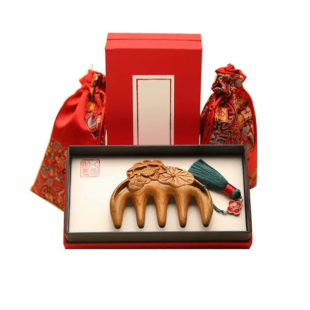 Peine de madera de sándalo verde, cepillo de pelo natural antiestático de dientes anchos para masaje del cuero cabelludo, caja de regalo.