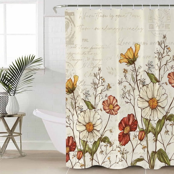 Farmhouse Botanical Waterproof Fabric Shower Curtain, Pastoral Summer Spring Floral Shower Curtain for Bathroom Curtains Bathtubs Hotel Washable Shower Curtains with 12 Hooks Standard 66x72