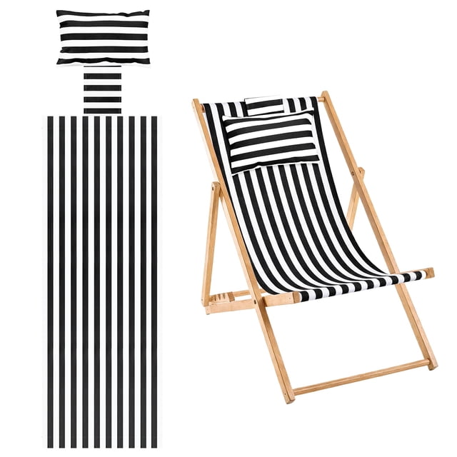 Uxcell Toile de Remplacement pour Chaise à Sangle de Plage, Tissu de Chaise Longue avec Oreiller, Rayures Fines, Noir