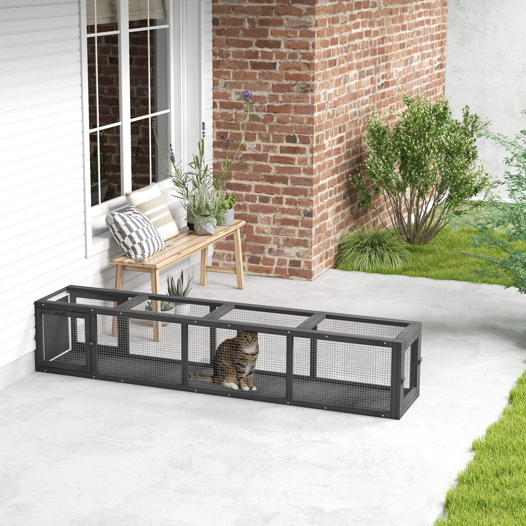 Dog Bed PawHut Outdoor Cat Tunnel with Extendable Design, 79" L Wooden Cat Run with Weather Protection, Connecting Inside and Outside, for Deck Patios, Balconies, Dark Gray,Large Dog Bed