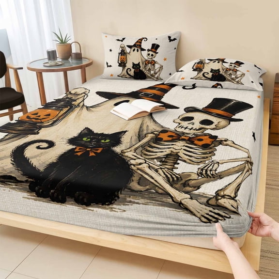 Cal.King Size Fitted Sheet Set - Funny Ghost Halloween 3 Piece Bedding Sets 16" Deep Pocket Fitted Sheet with 2 Pillowcases, Black Cats Skull Vintage Brushed Microfiber Hotel Luxury Bed Sheets