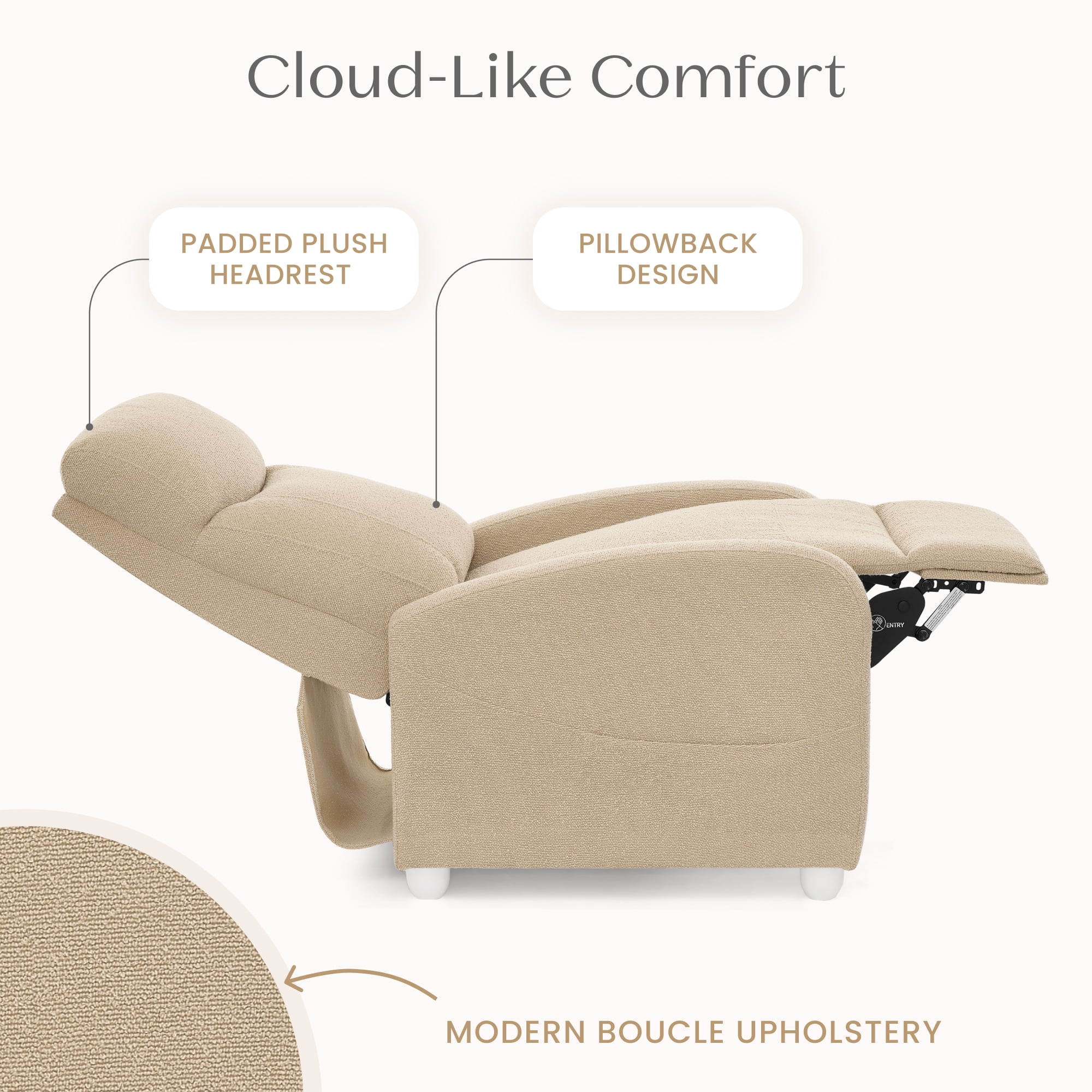 Delta Children Riley Pushback Stationary Recliner, Boucle Textured Fabric with Pocketed Coil Cushion and Side Storage Pocket, Wheat