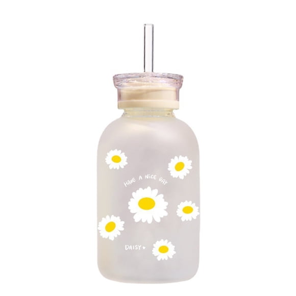 Taza de vidrio borosilicato alto transparente con doble tapa y acabado esmerilado