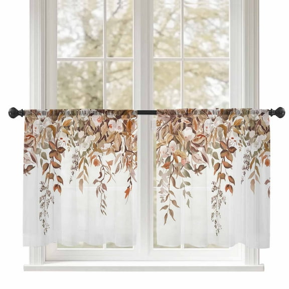 Fall Sheer Curtains 54 inches Long, Plant Vintage Eucalyptus Leaves Farm Light Filtering Sheer Window Curtains Rod Pocket Voile Drapes for Bedroom Living Room, 52"W x 54"L 2 Panels