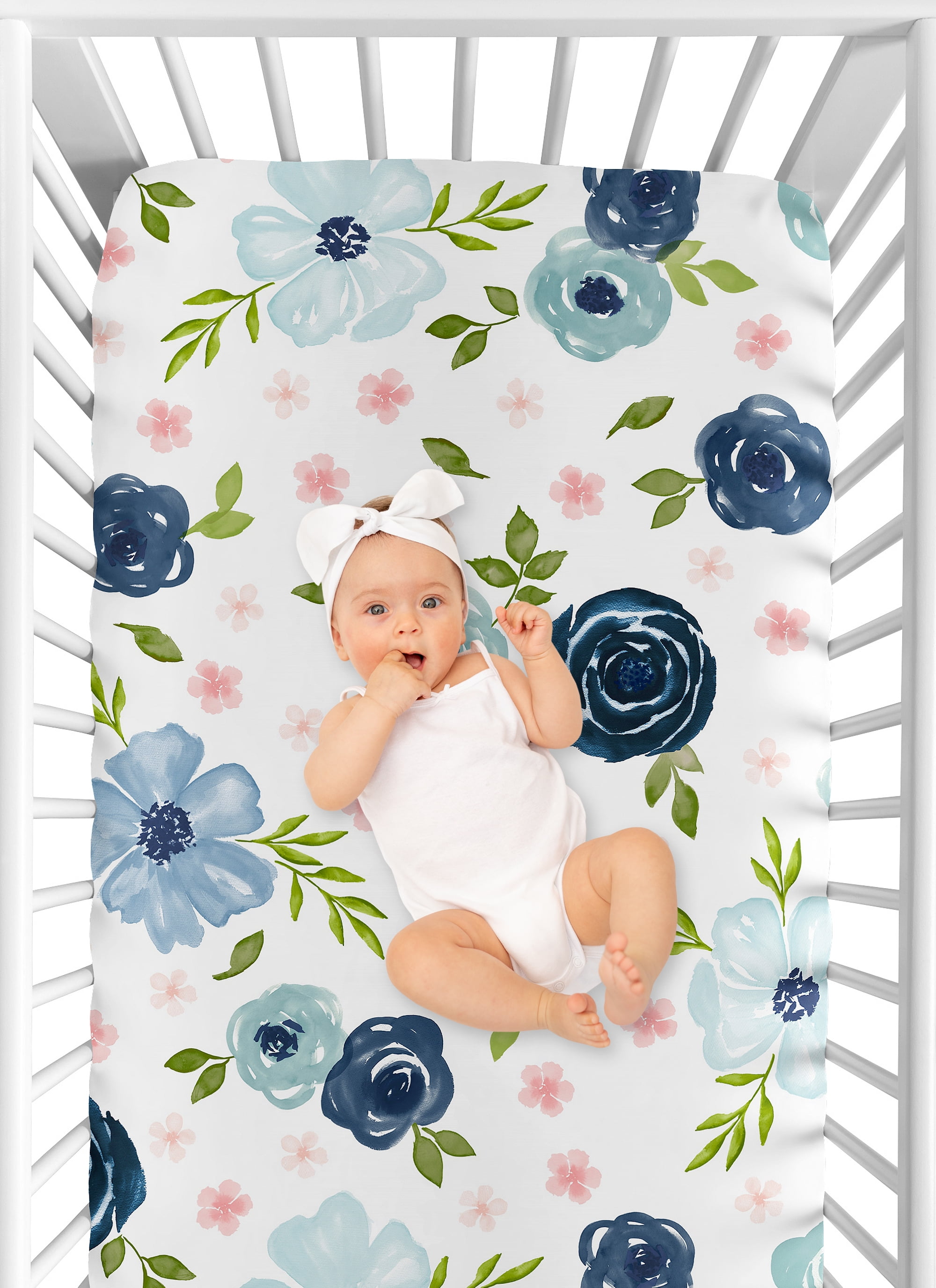 Sweet Jojo Designs Watercolor Floral Blue Pink White Fitted Crib Sheet