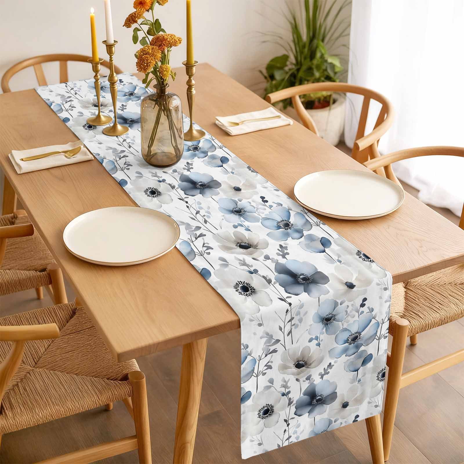 Spring Floral Cotton Linen Table Runner Watercolor Grey Blue Flower Grey Leaves Dining Table Runners for Home Decor Party Dining Room Restaurant Kitchen 13" x 108"