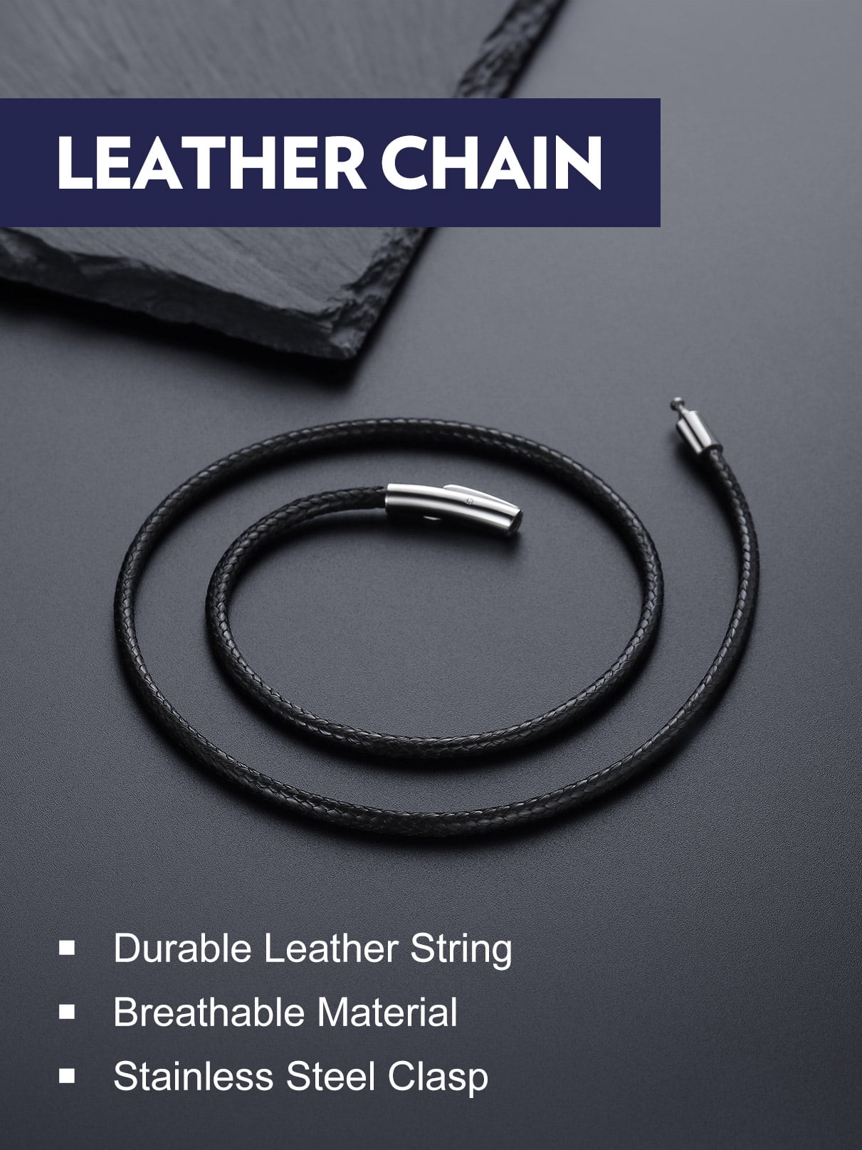 Bandmax 30 inch Braided Wax Rope Chain Necklace for Men Women Snap Clasp 3MM Wide Black Leather Cord Chain for Pendant Gift for Halloween Christmas