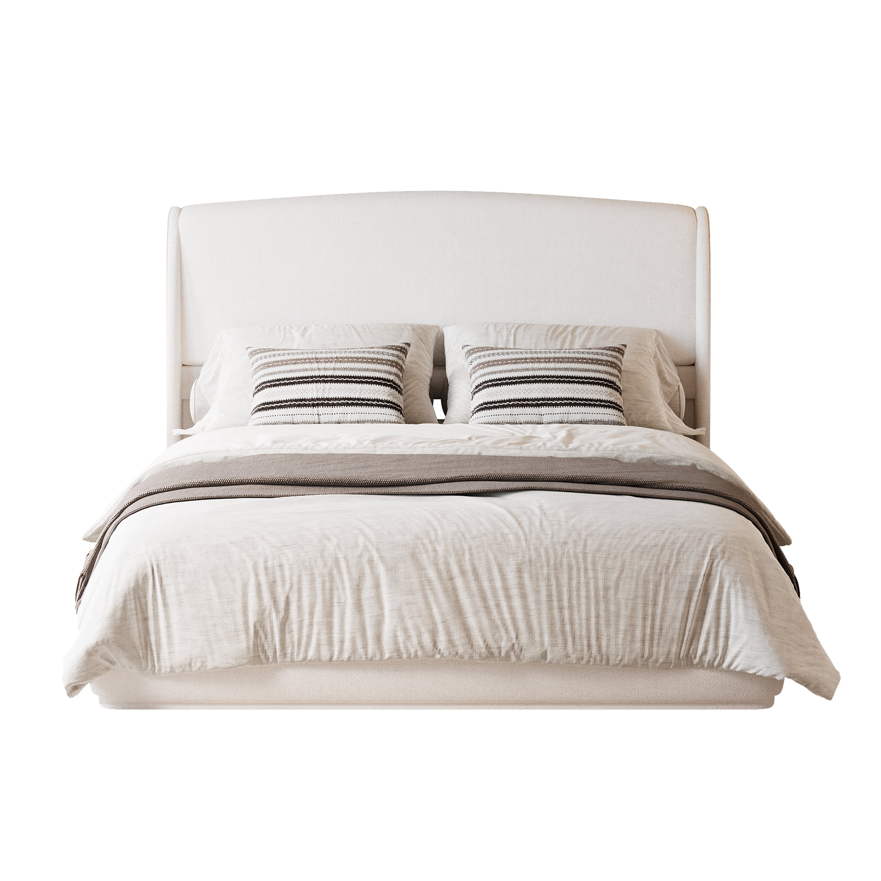 Euroco Upholstery Queen Bed with Wingback Headboard, Low Profile Platform Bed, Beige