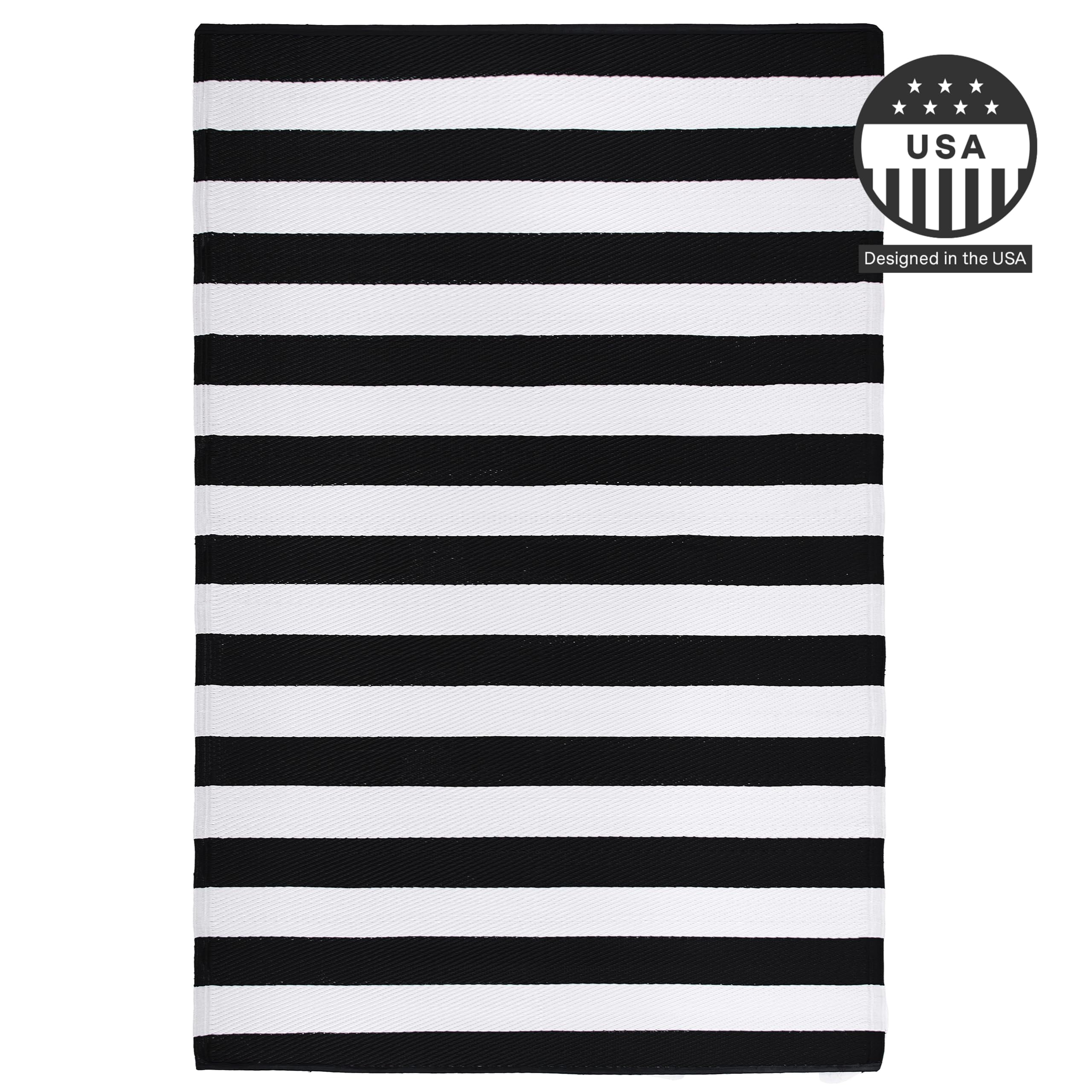 FH Home Outdoor Rug - Waterproof, Fade Resistant, Reversible - Premium Recycled Plastic - Striped - Porch, Deck, Balcony, Mudroom, Laundry Room, Patio - Brittany Stripe - Black & White - 3 x 5 ft