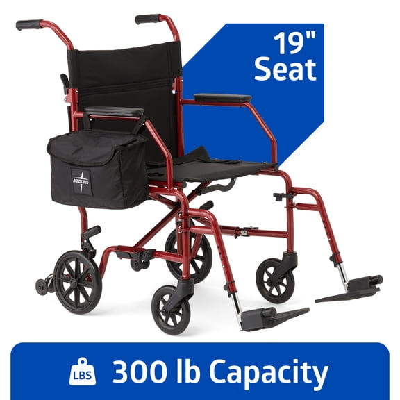 Medline Transport Wheelchair with Permanent Desk Arms, Swing-Away Footrests, 300 lb Weight Capacity, Red