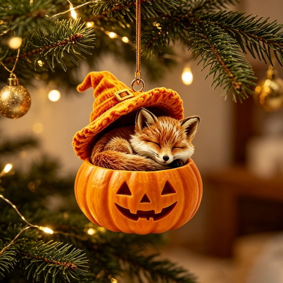 OCCOA Cute Halloween Pumpkin Hanging Ornament Sleeping Animals with Witch Hat Acrylic Pendant for Tree Mantel Window Door Home Halloween Decor Gift, F