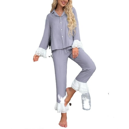 

Women s Pajama Sets Dusty Blue Elegant Colorblock Lapel Pant Sets Long Sleeve