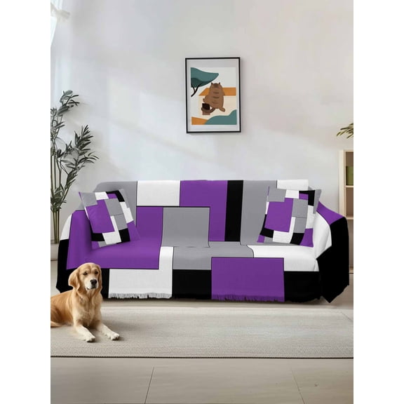 Purple Grey Black Geometric Couch Cover Sofa Covers 3 Cushion Sectional Couch, Middle Century Art Abstract Aesthetics Washable Sofa Covers Slipcover Sectional Sofa Cover, Furniture Protector 71"x150"