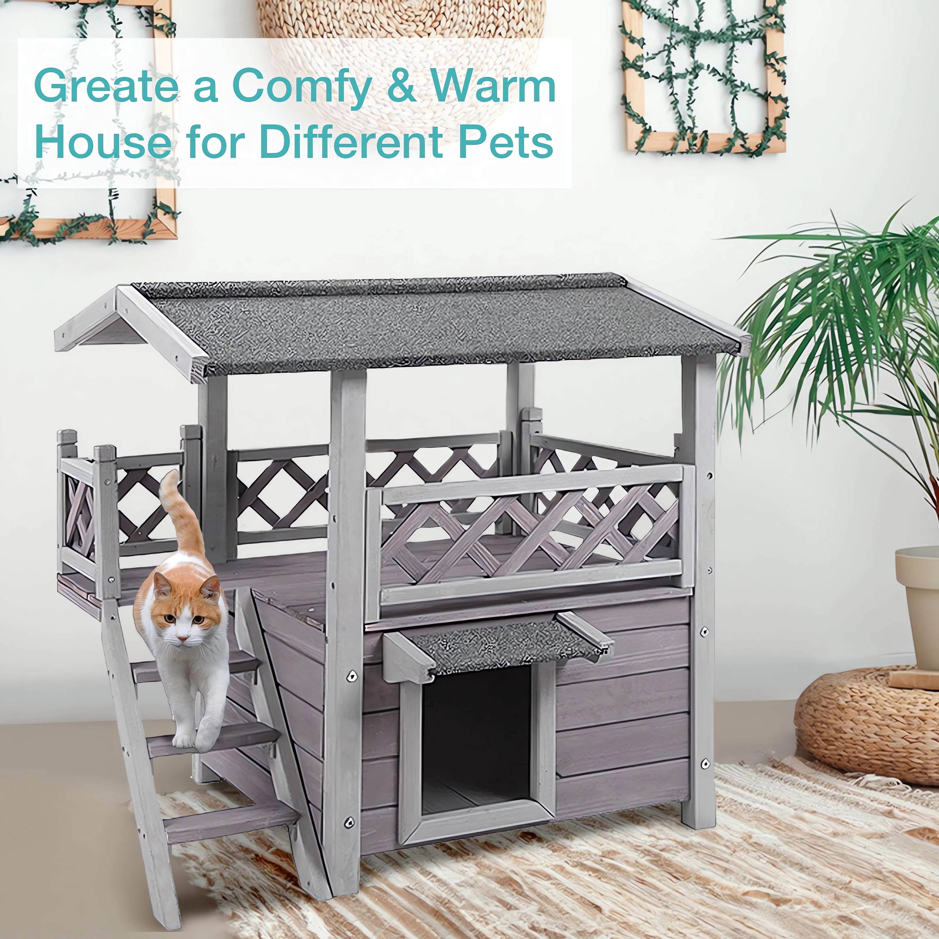 Aivituvin Feral Cat Shelter Outdoor Weatherproof Houses for Cats Two Story Wooden Cat House Outside Feral Cat House with Balcony Waterproof