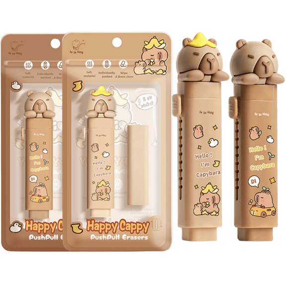 Cute Cartoon Pencil Retractable Erasers with 2 Refills, 4 Count, 2 Pack