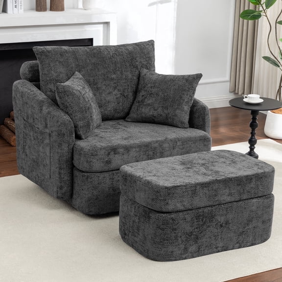 Hobooment Oversized Swivel Chair with Ottoman for Living Room, Accent Chair Corduroy, Grey
