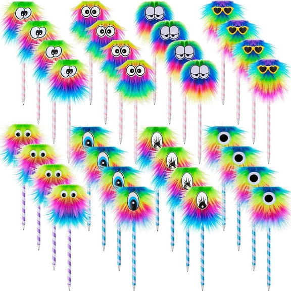 WSNIJFU 32 Pieces Rainbow Fluffy Monster Pens Cute Fun Pen for Monster Party Favors Office Birthday Carnival Party Favor Supply