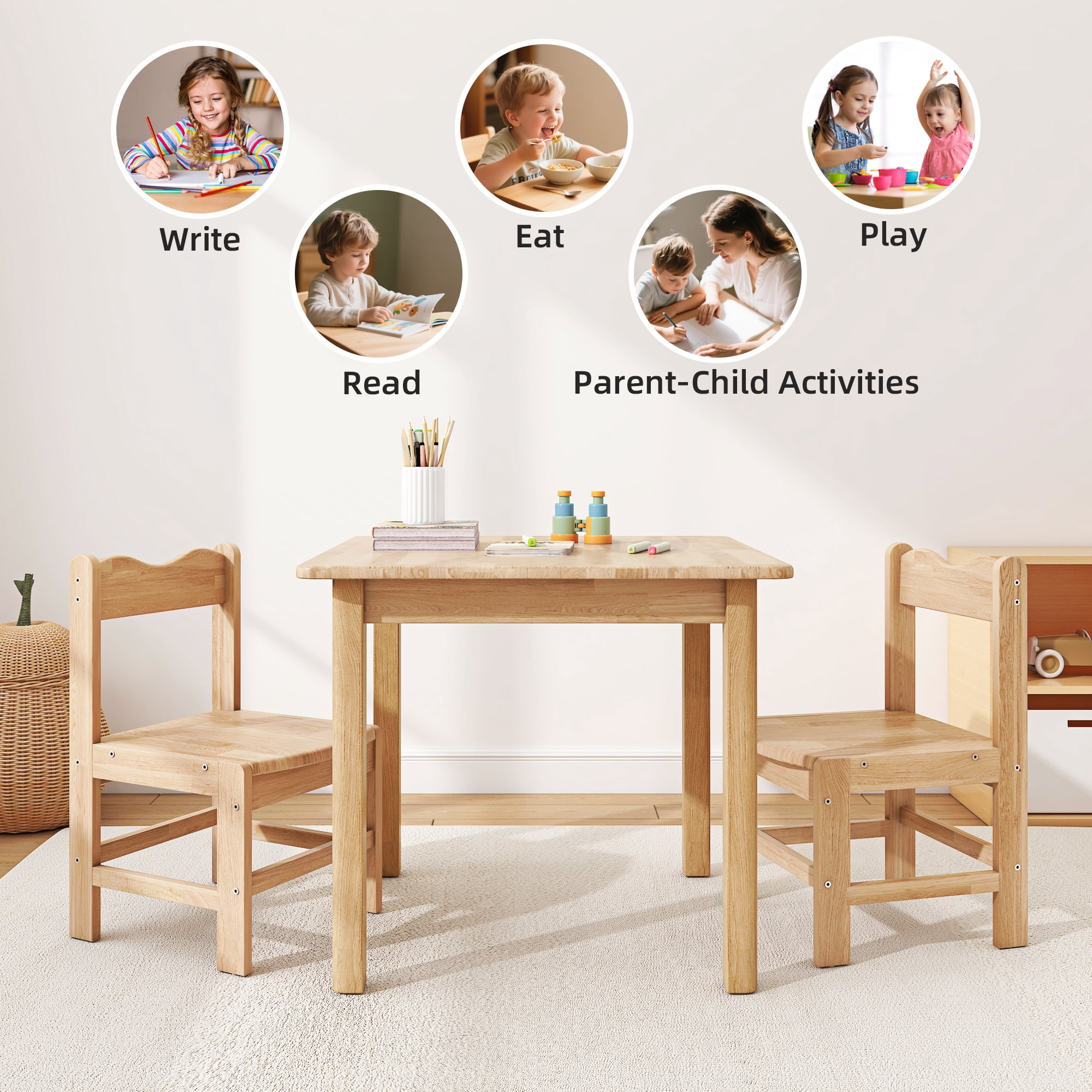 UNICOO® Wooden Kids Table and Chairs Set – 3-Piece Rubber Wood Toddler Table with 2 Chairs – Playroom & Classroom Kids Desk and Chair Set for Arts, Crafts, Reading, Snacks (Natural)