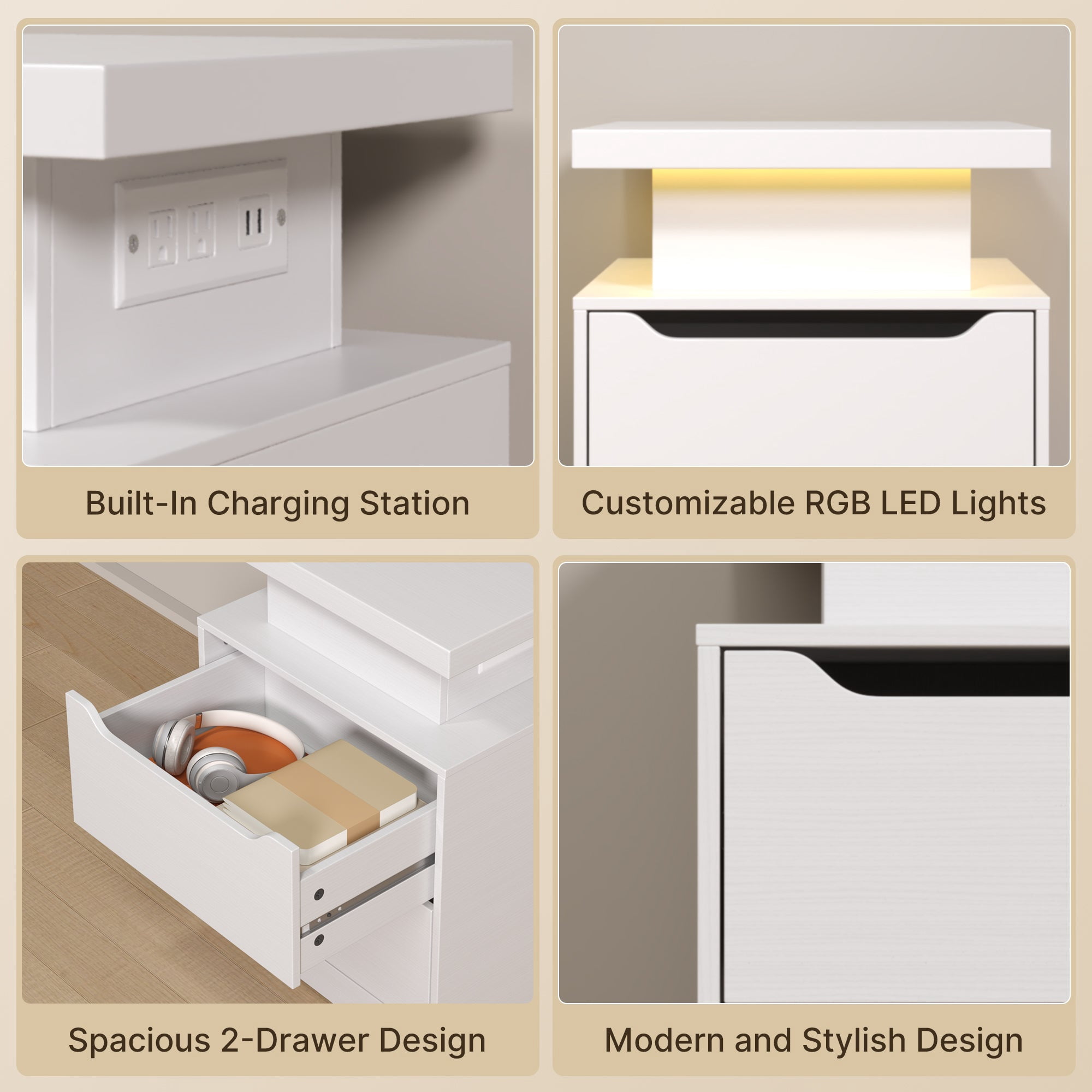 2 Piece Bedroom Set, Upholstered Bed Frame with 4 Storage Drawers & Adjustable Headboard, Noise-Free Slats, No Box Spring, + Plus LED Nightstand with USB/Type-C Charging & RGB Lights, Beige
