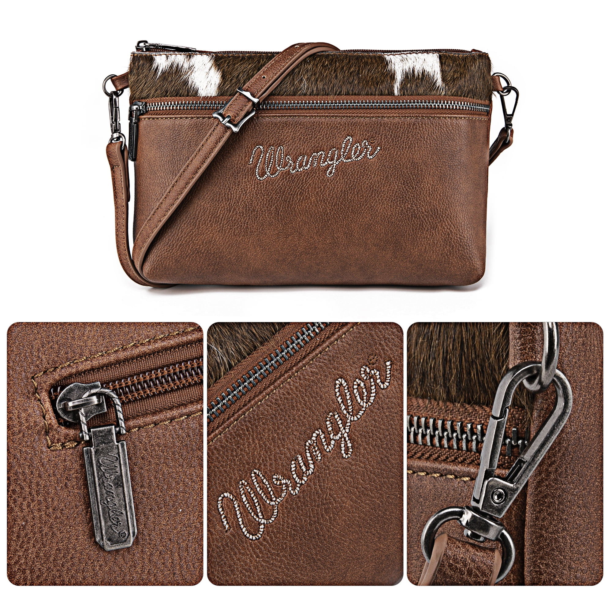 Wrangler Western Cowhide Crossbody Bags for Women Clutch Wristlet Purse, Cowhair-brown