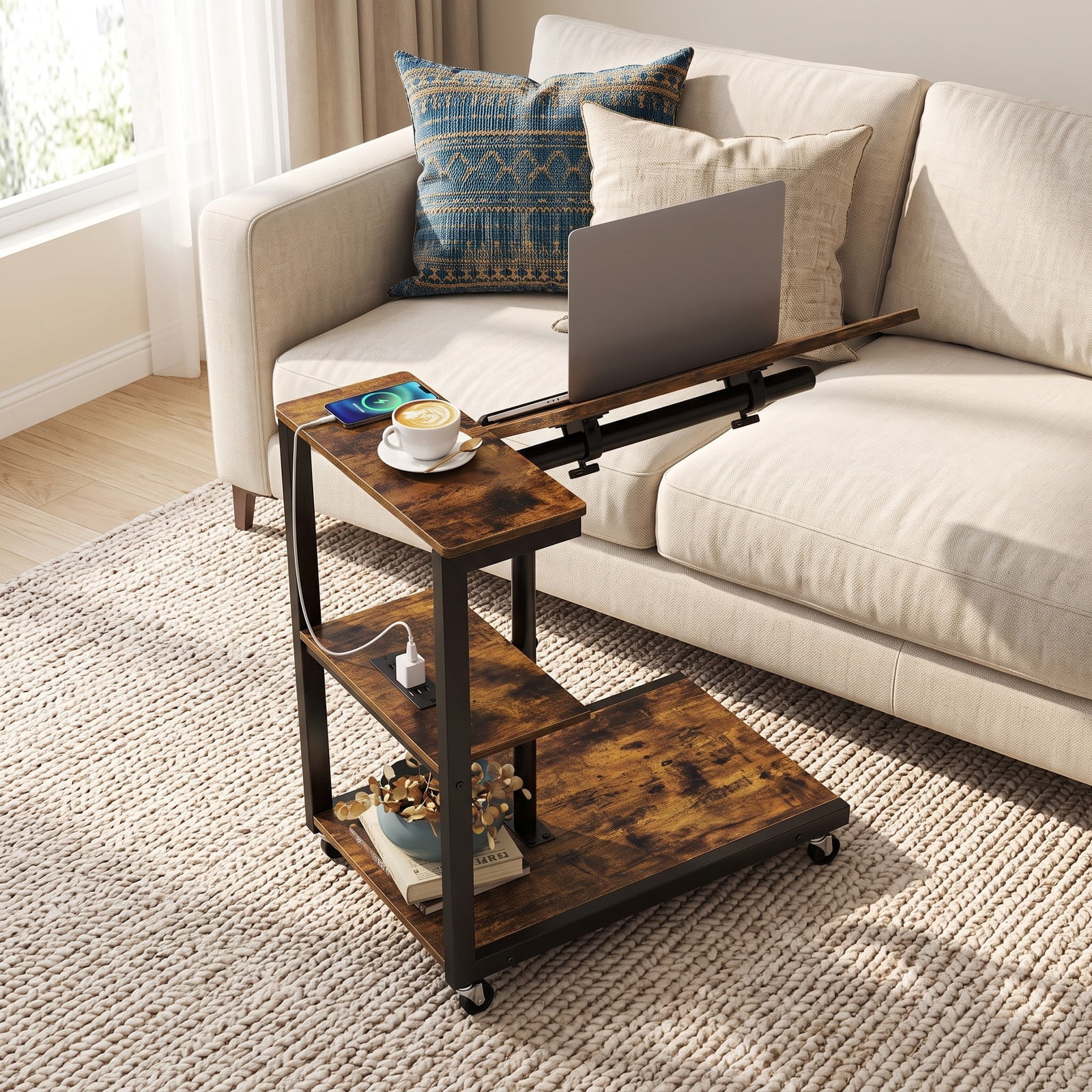 Furnibear 3-Tier Mobile Couch Side Table with Charging Station, Height Adjustable C-Shaped Sofa End Table with Tiltable Tabletop, 2 AC Outlets, Rustic Brown & Black