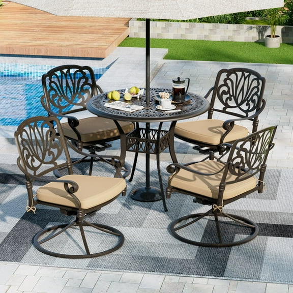 Haverchair Outdoor Dining Collection 5-Piece Cast Aluminum Dining Set, Khaki/Cast Aluminum