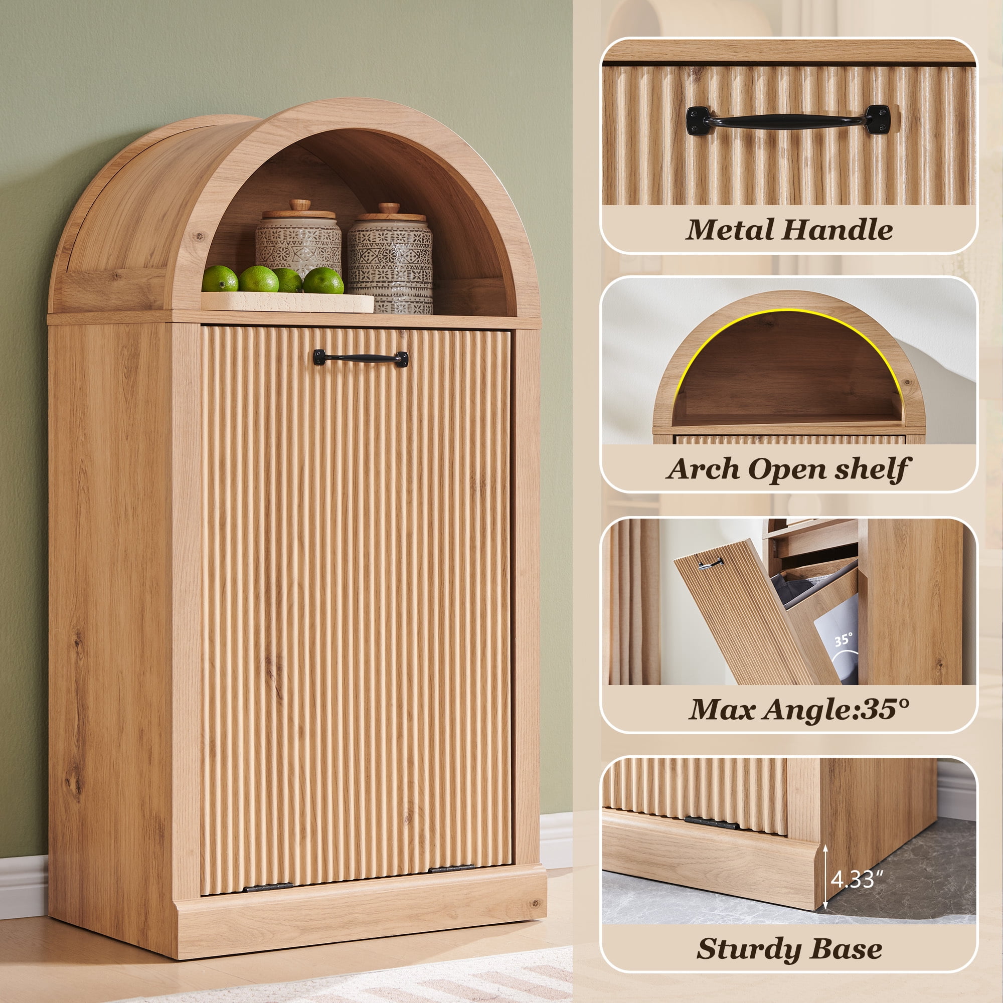 SinCiDo Fluted Arched Tilt-Out Trash Can Cabinet, 10 Gallon Hidden Garbage Can with Storage Basket for Kitchen, Living Room, Natural