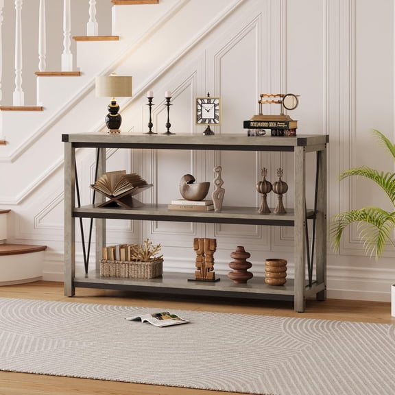 TROPOW Farmhouse Console Table, 47 Inch Narrow Long Entryway Table with Storage, 3-Tier Wood Sofa Tables for Living Room, Rustic Hallway Accent Furniture