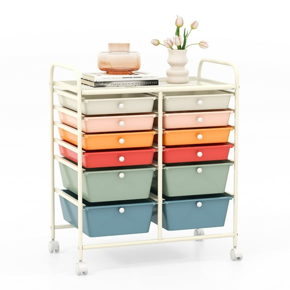 Costway 12-Drawer Rolling Storage Cart Organizer Cart with 2 Sizes Plastic Drawers Macaron