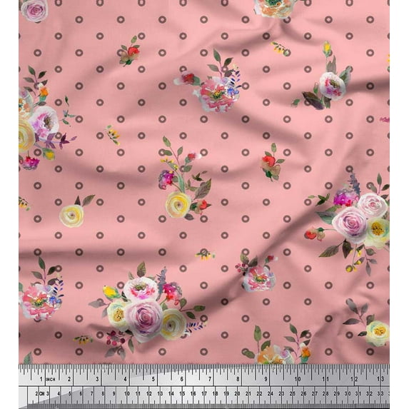 Soimoi Pink Viscose Chiffon Fabric Leaves,Small Circle & Floral Printed Fabric 1 Yard 42 Inch Wide