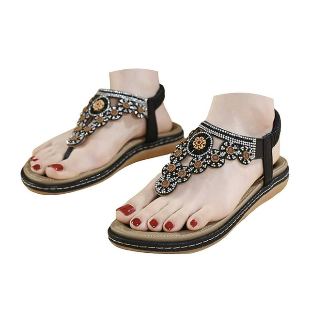 IUJSOY Sandales de Plage Bohèmes pour Femmes Tendance à Perles à Enfiler Sandales Orthopédiques Décontractées Robe Plage Chaussures