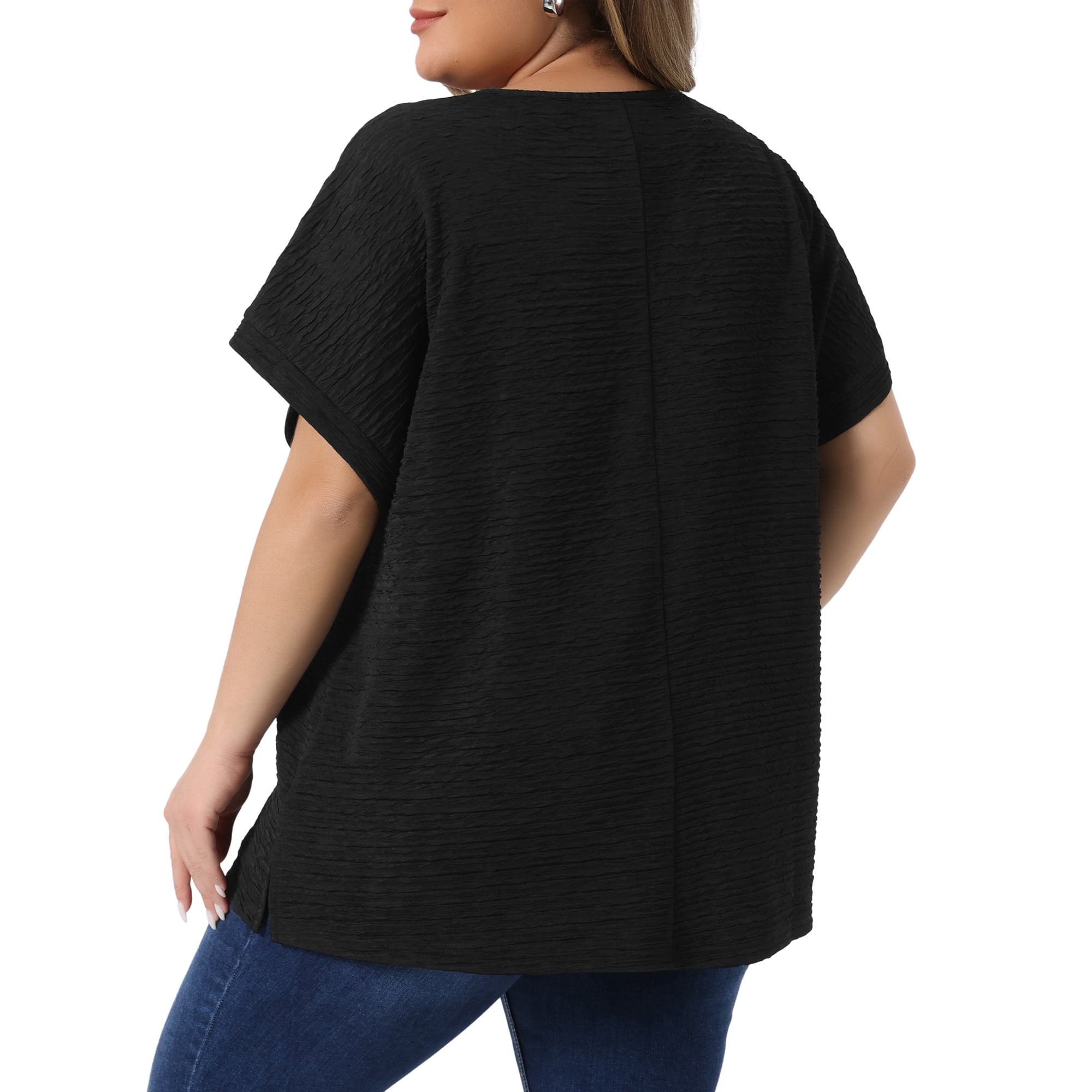 DARING DIVA Women's Plus V Neck Short Sleeve Textured Tops 2X Black