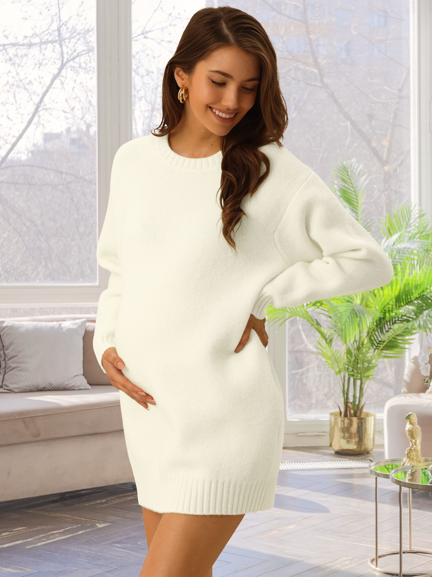 DARING DIVA Round Neck Pullover Long Sleeve Casual Sweater M White