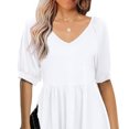 thumbnail image 3 of Blusa de manga corta con cuello en V para mujer, blusa de manga corta con volantes de Color puro a la moda para verano, color blanco S, 3 of 5