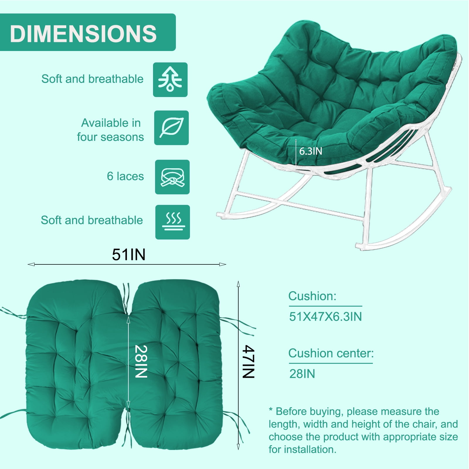 XXLYY Outdoor Rocking Chair Cushions – 6.3" Thick Waterproof Papasan Egg Chair Pad with Ties, Comfortable Round Seat Cushion for Living Room, Patio, Porch, or Balcony