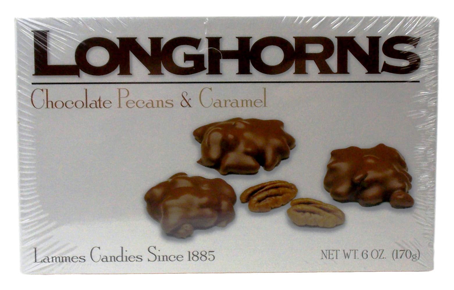Lammes Candies Longhorns Caramel Chocolate Pecan Gift Box – Milk Chocolate Covered Caramel Clusters – 2 Pack (6 oz Each)+ MerlinsMart Zine
