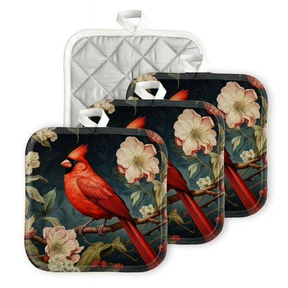 Bahomeck Pot Holder 4Pcs,Red Cardinal Bird Perched On Apple Tree Branch Square Heat Resistant Hot Pads For Kitchen Cooking Oven With Hanging Loop Potholder Easy To Store