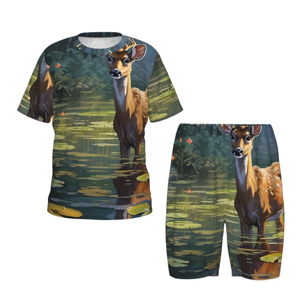 Balery Peaceful Deer Lily Pond Conjunto de Pijama Infantil de Manga Corta con Estampado – Ropa de Dormir de Algodón Suave-Small