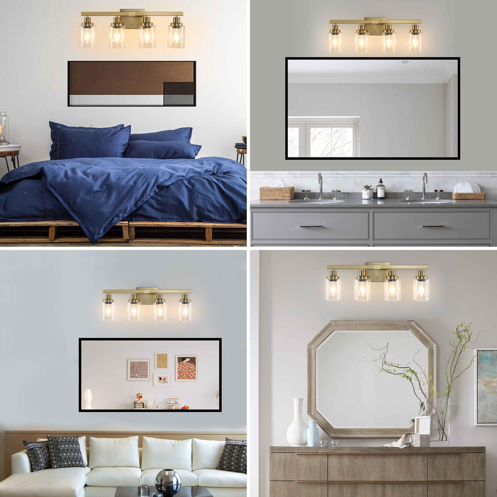 Leumius Modern Golden 4-Light Bathroom Vanity Light Fixture, Industrial Wall Sconce with Clear Glass Shades for Mirror, Bathroom, Bedroom and Hallway (No Bulbs)