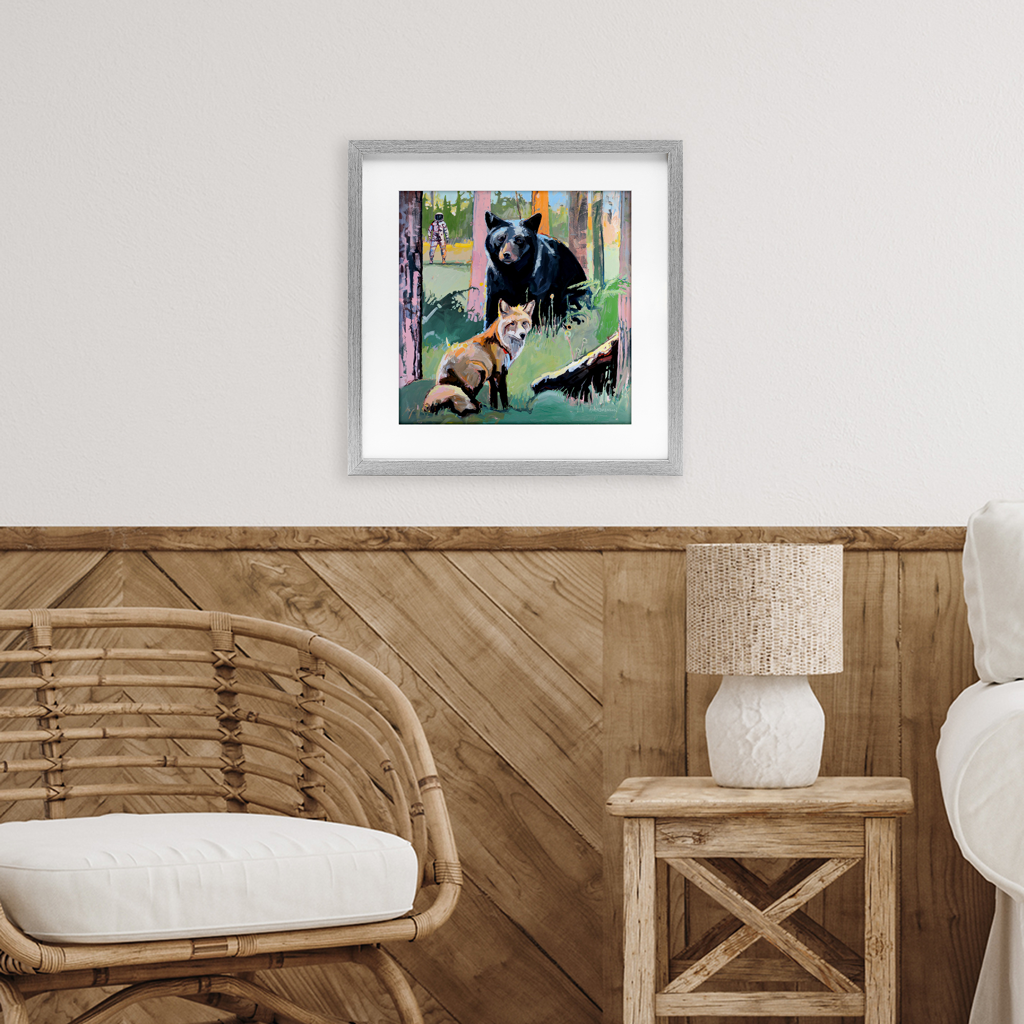 Forest Animals in Deep Space Gray Framed Print Under Glass, design by Adam Swanson