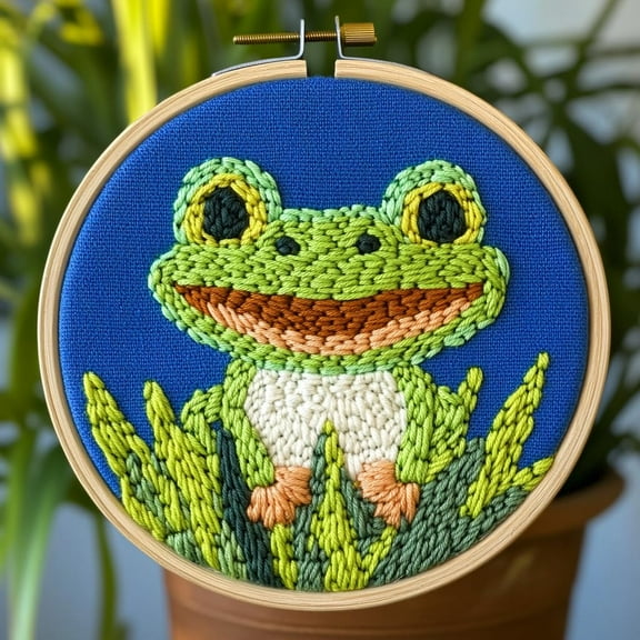 DIY Punch Needle kits A Cartoon Cute Green Frog Easy for Beginners Punch Needle Yarn Starter Embroidery Set for Craft lovers with Hoop for Home Decor 20x20cm(1)