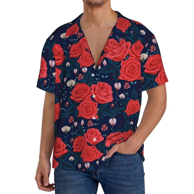 Balery Rose Flower Camisa Casual de Manga Corta con Botones para Hombre, Texturizada, Estilo Cubano, para Playa, Verano-Large