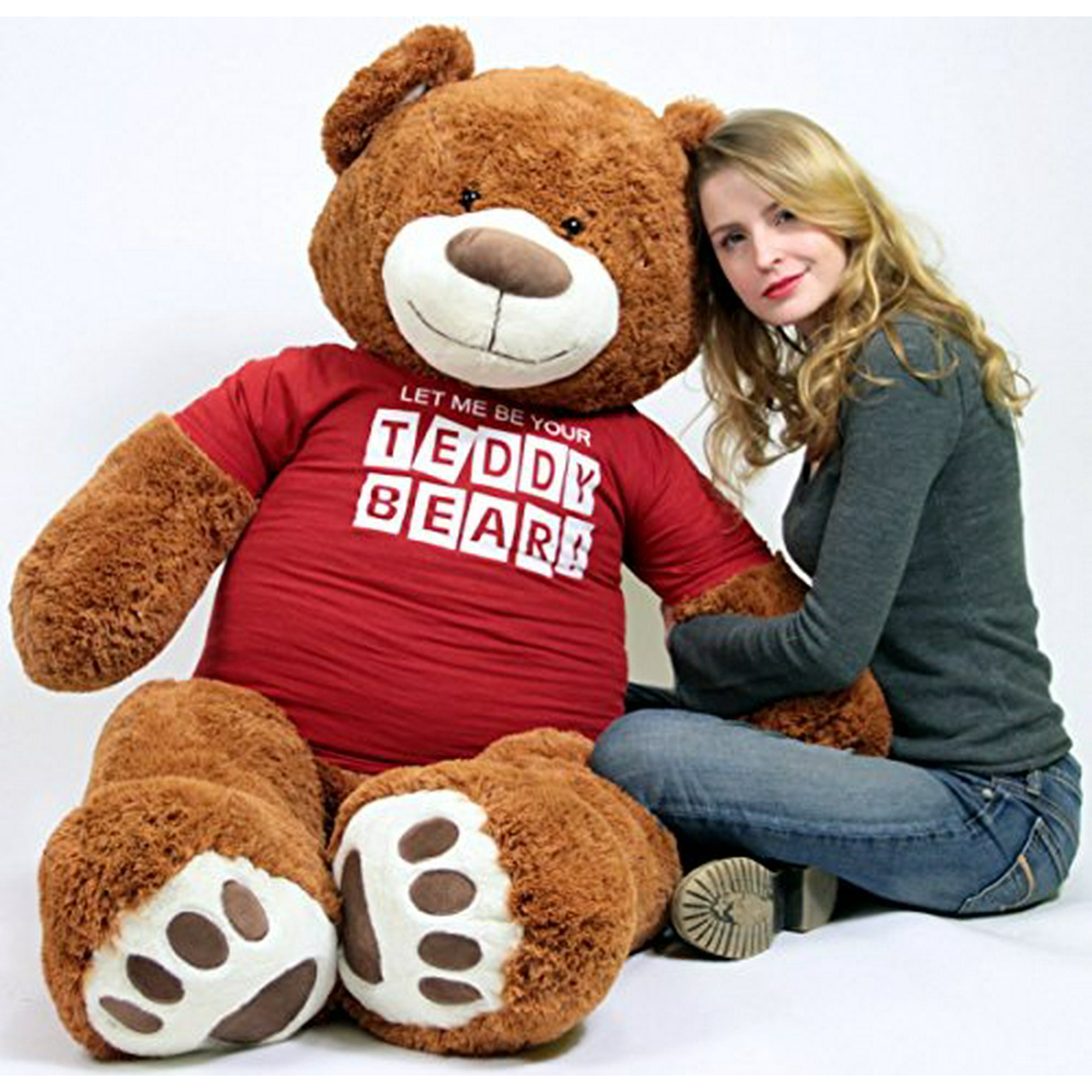 Big Plush Giant 5 Foot Teddy Bear Caramel Color Wears Tshirt LET ME BE YOUR TEDDY